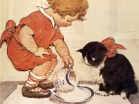 Пазл девочка кормит кота