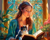 Puzzle Girl and cat reading a book