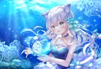Puzzle cat girl underwater with balloon