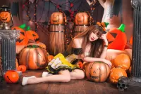 Quebra-cabeça Girl with pumpkins
