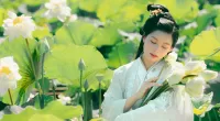 Puzzle girl in lotuses
