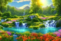 パズル Valley with waterfalls