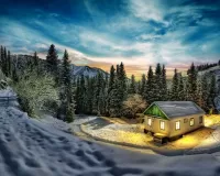 Пазл Дом в зимнем лесу