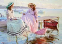 Jigsaw Puzzle Two girls on a pier in Normandy