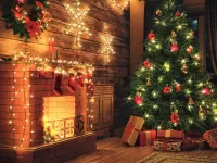 Bulmaca Christmas tree by the fireplace