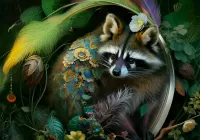 Puzzle raccoon in leaves
