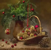 Puzzle Basket with toys and pine cones