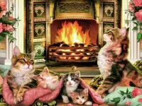 Puzzle Cats near a fireplace