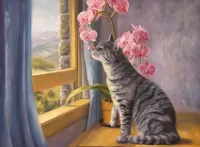Jigsaw Puzzle cat and orchid