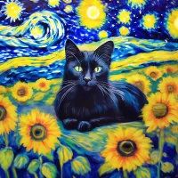 Zagadka Cat and sunflowers