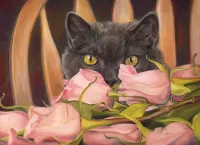 Пазл Кот и розы