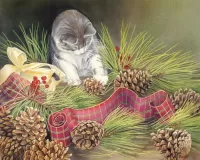 Jigsaw Puzzle Cat and pinecones