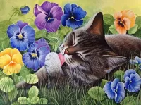 Rompecabezas Cat and flowers