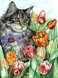 Bulmaca Cat and tulips