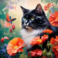 Zagadka Cat with butterfly in flowers