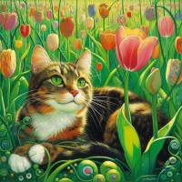 Jigsaw Puzzle Cat among tulips