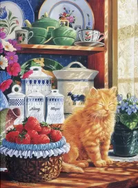 Jigsaw Puzzle Kitten and strawberry