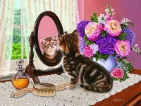 Jigsaw Puzzle Kitten and mirror