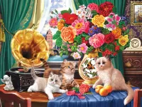 Jigsaw Puzzle Kittens and bouquet