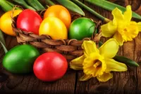 Zagadka Easter eggs and daffodils