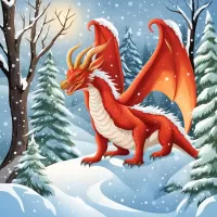 Пазл Красный дракон в зимнем лесу