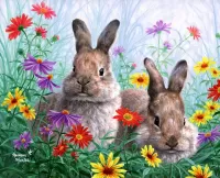 Bulmaca Rabbits in flowers