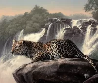 Jigsaw Puzzle Leopard at waterfall