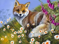 Puzzle Fox among flowers