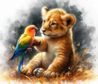 Puzzle Lion cub and parrot