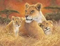 Jigsaw Puzzle Lioness and lion cubs