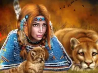 Jigsaw Puzzle Girl and puma with cubs
