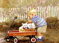 Jigsaw Puzzle Kid and puppies