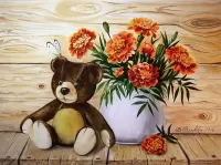 Jigsaw Puzzle Teddy bear and marigolds