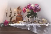 Пазл Натюрморт Часы и розы