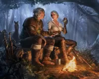 Bulmaca Couple at campfire