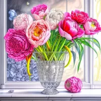 Jigsaw Puzzle Peonies in a crystal vase
