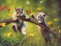 Jigsaw Puzzle Lynx kittens and butterflies