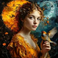 Rompecabezas Red-haired girl and bird