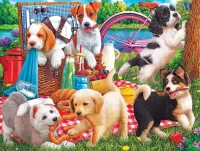 Bulmaca Puppies at a picnic