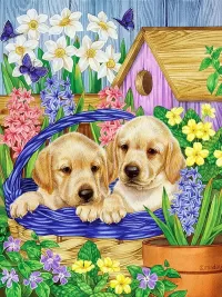 Jigsaw Puzzle Puppies in basket