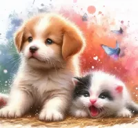 Jigsaw Puzzle Puppy and kitten