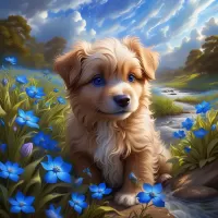 Puzzle Puppy and blue flowers