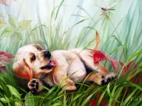 Jigsaw Puzzle Puppy and dragonfly
