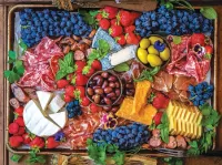 Jigsaw Puzzle Cheese, meat, fruits.
