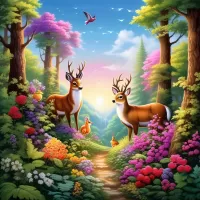 Puzzle Fairytale forest and two deer