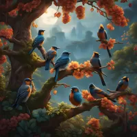 Zagadka Flock of beautiful birds on a tree