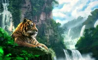 Zagadka Tiger at waterfall