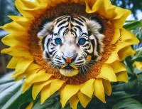 Puzzle Tiger cub in a sunflower