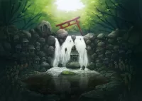 Quebra-cabeça Torii and waterfall