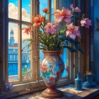 Пазл Цветы на окне
